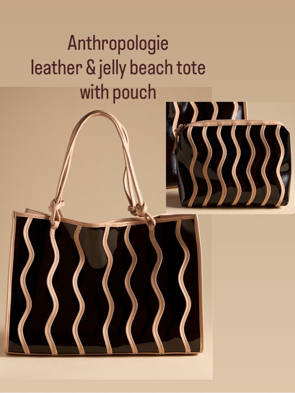 NWT! Anthropologie Beige & Black Leather trim Jelly Beach Tote with Pouch